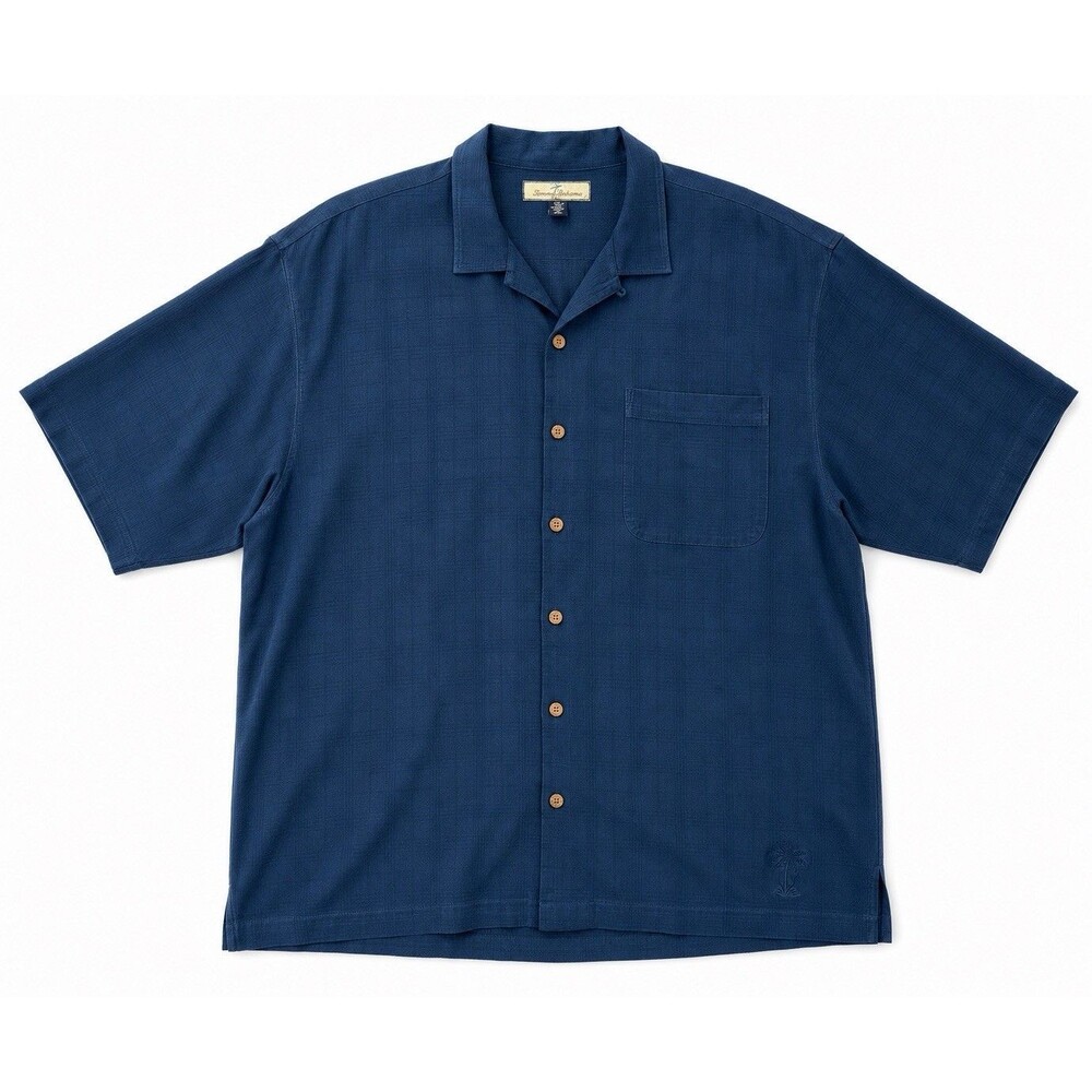 Tommy Bahama 100% Silk Camp Shirt XL Blue Textured Button Front Resort Cruise